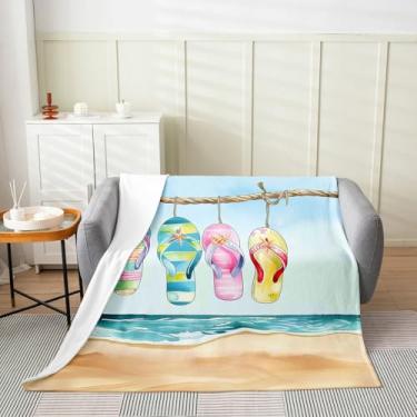 Imagem de Cobertores de chinelos para crianças, cobertor de lã de verão à beira-mar, Havaí, praia, vida para quarto, sofá, dormitório, aquarela, ondas, concha, cobertor, 101 x 127 cm