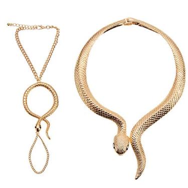Imagem de Hicarer Conjunto de colar de cobra dourada ajustável, gargantilha de cobra, corrente de mão, anel de dedo com olhos negros, conjunto de joias vintage para meninas e mulheres, acessórios de fantasia de
