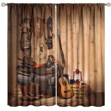 Imagem de Cortina caubói para porta de celeiro rural, cortina caubói chique ocidental roda de madeira country cortina blecaute de madeira marrom decorada com 2 bolsos de haste 107 x 160 cm