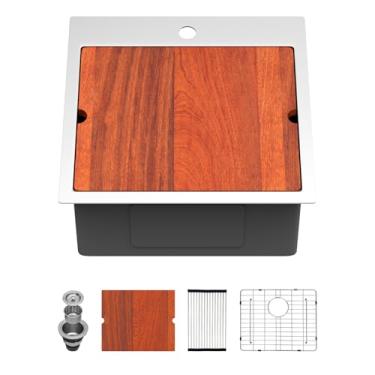 Imagem de Sarlai Pia de cozinha Drop In Kitchen Sink de 45,7 cm, pequena estação de trabalho, 45,7 x 45,7 cm, montagem superior de aço inoxidável, calibre 16, tigela única, preparação, lavatório para trailer