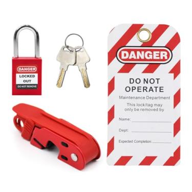 Imagem de HiLKCO Steel&PA Etiqueta de bloqueio de disjuntor padrão para 110V-220V furo único/duplo sem alternância OSHA caixa de bloqueio do disjuntor elétrico vermelha, 1 cadeado, 1 etiqueta, 1x bloqueio do