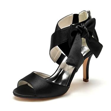 Imagem de Creativesugar Sandálias femininas com laço laranja de cetim, salto para casamento, sapatos de festa, Preto, 38