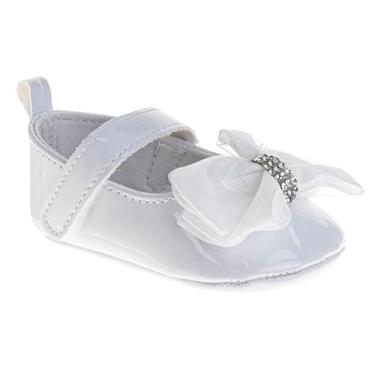 Imagem de Josmo Sandálias infantis para meninas, sola macia, primeiro andador, laço, flor, glitter, sapatilhas, para recém-nascidos, tamanho 2-4, Brilho branco, 17