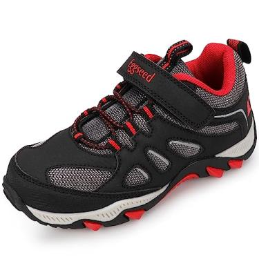 Imagem de UOVO Botas de caminhada resistentes à água para meninos sapatos de caminhada ao ar livre antiderrapante tornozelo tênis atlético anticolisão tamanho 41 criança grande, Preto/vermelho, 11 Little Kid