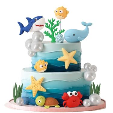 Imagem de Decorações de bolo sob o mar, topos de bolo oceânicos com tubarão, baleia, tartaruga, baiacu para tema submarino, chá de bebê, festa de aniversário