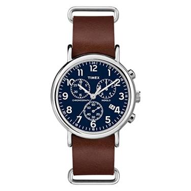 Imagem de Timex Relógio masculino Weekender de 40 mm, marrom/prata/azul, 40 mm, Relógio analógico