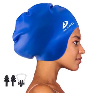 Imagem de Boné de natação Alepo com proteção de orelha, gorro de natação de silicone espesso e sólido para homens, tamanho ampliado para mulheres homens com mechas de cabelo compridas e grossas, Azul