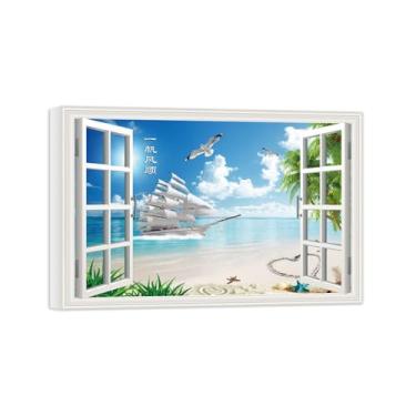 Imagem de Falsas Janelas Paisagens Impressões em Tela-Pássaros barcos praia mar-Quadro Arte Moderna-Natureza Pintura Pronta para Pendurar Tela Embrulhada 20x30cm