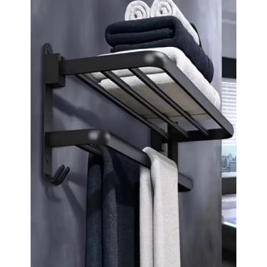 Imagem de Toalheiro De Parede Duplo Porta Toalha, Prateleira de Banheiro em Metal Preto.