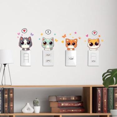 Imagem de Adesivo para Tomada Gatos 01 Kawaii Kit 4 para Interruptor e Tomada Decoração de Parede Quarto Sala Cozinha Fácil Aplicação Colorido