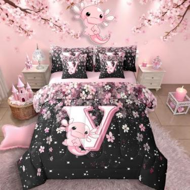 Imagem de Erosebridal Jogo de cama solteiro de 7 peças com letra V em uma bolsa | Jogo de edredom fofo com axolote kawaii, para crianças, meninas, adolescentes, rosa e branco, conjunto de colcha kawaii