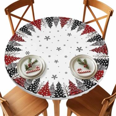 Imagem de Vandarllin Toalha de mesa redonda de Natal, árvore de Natal, borda elástica, capa de mesa de plástico, à prova d'água, à prova de óleo para jantar, ao ar livre, piquenique, mesas de 91 a 112 cm