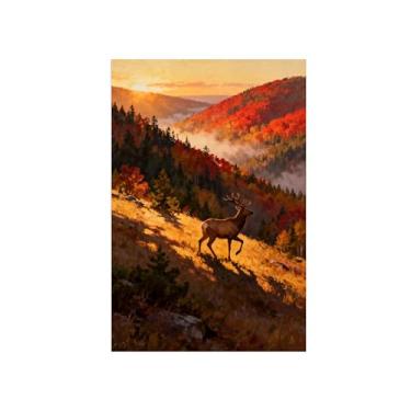 Imagem de Quadro arte parede outono-Veado floresta dos campos Impressões em tela paisagens-Pintura animais para sala estar decoração fazenda 20x30cm Sem Moldura