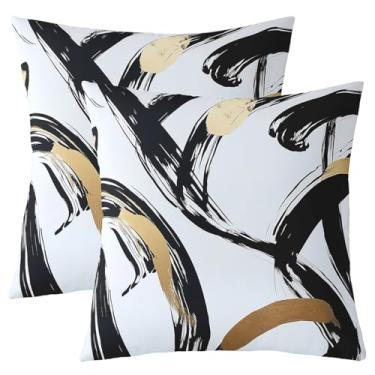 Imagem de jejeloiu Capas de almofada douradas pretas 50,8 x 50,8 cm, conjunto de 2 capas de almofada de linha de tinta abstrata para sofá, sofá, cama, cadeira, carro, geométrico, arte moderna, decoração,