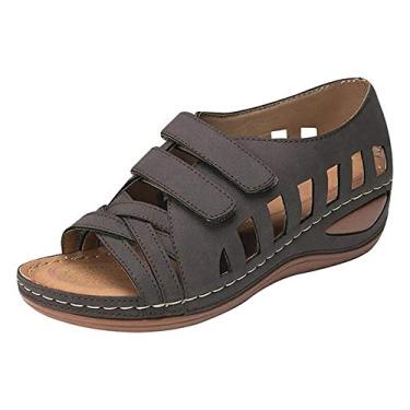 Imagem de Bigfanshu Sandálias femininas de verão 2020 com plataforma de couro macio gladiador sapatos de salto alto, Café, 9.5 Wide