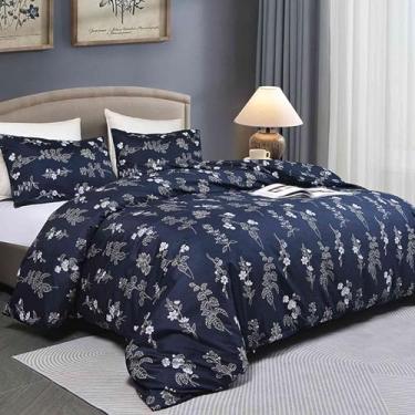 Imagem de Faincy Conjunto de edredom King Size, azul marinho, floral, branca, estampa reversível, alternativa, para cama de casa de fazenda em microfibra macia em uma bolsa para mulheres e homens, azul escuro