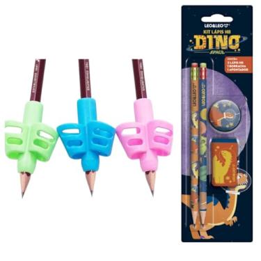 Imagem de Kit de Escrita TEA e TDAH, 3 Adaptadores para Lápis, 2 Lápis HB, Borracha e Apontador, Cores Sortidas (Dino)