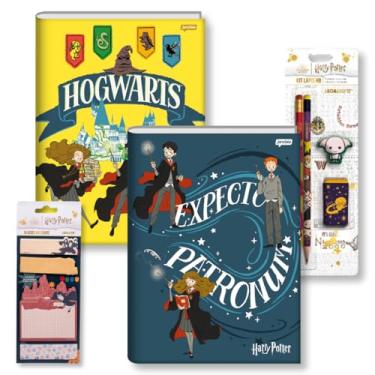 Imagem de KIT 2 Cadernos Harry Potter Brochurão + Bloco de notas Adesivas + KIT Escolar Harry Potter (Brochura Capa Dura Universitario Costurado) (Amarelo + Patrono Azul)