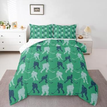 Imagem de Erosebridal Conjunto de edredom solteiro de jogador de hóquei no gelo, verde e branco, jogos competitivos de bola, para crianças, meninas, meninos, atividades, esportes, jogos, para todas as estações