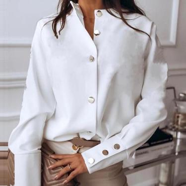 Imagem de Blusa Feminina Manga Comprida - Gola Escritório - Branca e Preta - Cas