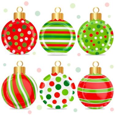 Imagem de Whaline 60 peças de pratos de papel de bola de Natal, pratos de jantar, 22 cm, vermelhos, verdes, listrados, em forma de bola de Natal, pratos descartáveis para decoração de mesa de Natal, inverno