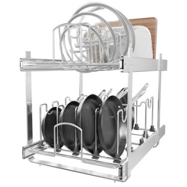 Imagem de STORKING Organizador de armário de cozinha de 2 camadas para panelas, frigideiras e panelas, bandeja de arame resistente ajustável e suporte de rack de panela, trilho de extensão total (15 L x 20D)