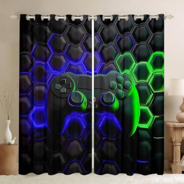 Imagem de Cortinas de console de jogos para meninos e meninas, crianças, cortina de janela de videogame, tratamentos de janela, decoração de quarto de jogos, verde azul, geometria, cortinas e cortinas favo de