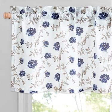 Imagem de Beauoop Cortinas de saia floral para cozinha, sala de estar, flor azul, semitransparente, para quarto, café, vintage, rosa, filtro leve, bolso de haste, voile, cortinas de tratamento de janela pequena