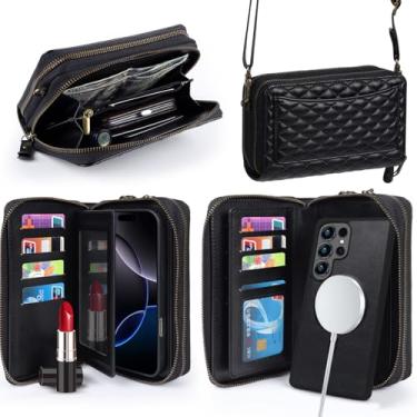 Imagem de Harryshell Capa carteira compatível com Samsung Galaxy S25 Ultra, com vários zíperes, removível, com compartimentos para cartões, alça transversal espelhada (compatível com Magsafe - Preto)