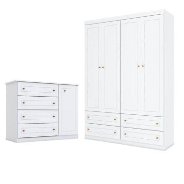 Imagem de Cômoda E Guarda Roupa Infantil Mississipi 4 Portas Branco Hp - Henn