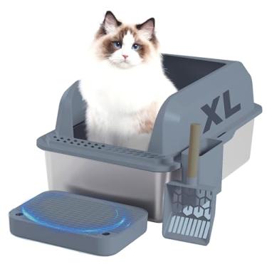 Imagem de CubCore Caixa de areia semi-fechada de aço inoxidável para gatos com pés elevados anti-vazamento XL para gatos grandes, casas multigatos, superfície antiaderente com laterais altas inclui colher de