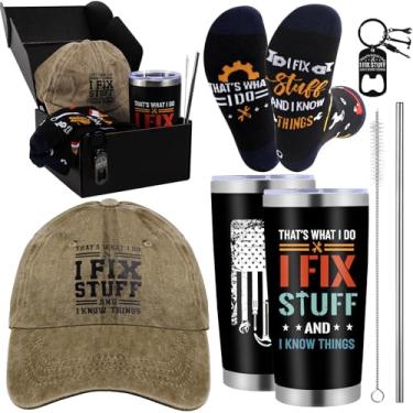 Imagem de Presentes engraçados para pai, homens, marido, avô, presente de aniversário de dia dos pais para pai de filha filho esposa inclui copos de aço inoxidável meias chaveiro e bonés, presente de