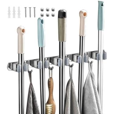 Imagem de Suporte de Parede para Vassouras em Aço Inox, Organizador com 7 Compartimentos, Porta Vassouras e Acessórios de Limpeza