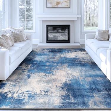 Imagem de KIRFEIHT Tapete abstrato moderno 20 x 25 cm, tapete lavável antiderrapante para sala de estar, quarto e sala de jantar, tapetes de lã sintética macia para pisos de madeira, azul