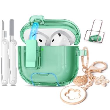 Imagem de Joremx Capa transparente para Airpods 4, capa transparente de TPU macio para Apple Airpods 4ª geração (2024) com kit de limpeza trava e chaveiro brilhante, função de suporte de telefone (verde)