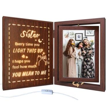 Imagem de soruney Porta-retrato Light Up Sister – Moldura giratória de madeira para 2 fotos verticais 10 x 15 cm, presentes sentimentais para irmã, aniversário, Natal, formatura
