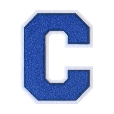 Imagem de 1 Patch de letra de chenille azul de 11,4 cm com borda branca – Adesivos do alfabeto para roupas, jaquetas, mochilas, chapéus para decoração personalizada, nome personalizado e artesanato. (C)