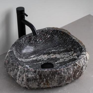 Imagem de MIDUSO Pia de embarcação de pedra irregular 100% feita à mão; pia de pedra real; pia de embarcação exclusiva; acima do balcão; pia de rocha de rio; banheiros rústicos de pias; Irre RiverStone 329