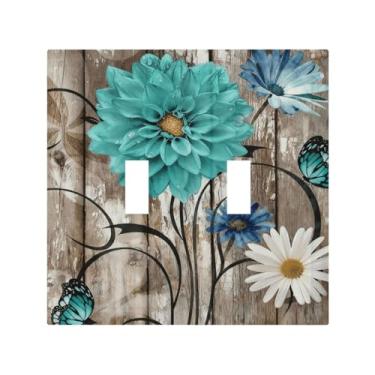 Imagem de SgEdao Capas decorativas para interruptor de luz, margarida turquesa, design floral vintage em madeira rústica, placa de parede de 2 gangues, exclusivo interruptor duplo de interruptor de luz para