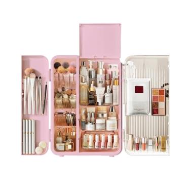 Imagem de UAK Organizador de maquiagem com gavetas para penteadeira, estojo de exibição de cosméticos com porta-pincéis, armazenamento para bancada de cuidados com a pele, banheiro (rosa)