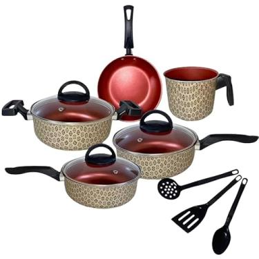 Imagem de Conjunto de Panelas Antiaderentes 8 Peças Com Tampa de Vidro, Vermelho e Bege, Utensílios de Cozinha Incluídos