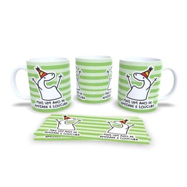 Imagem de Caneca Cerâmica Decorativa Parabéns Amiga, Design Listrado Pastel com Ilustrações, 325ml, Presente para Aniversário (12874)