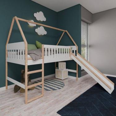 Imagem de Cama Cabana Elevada Infantil com Escorregador Arredus Branco/Natural