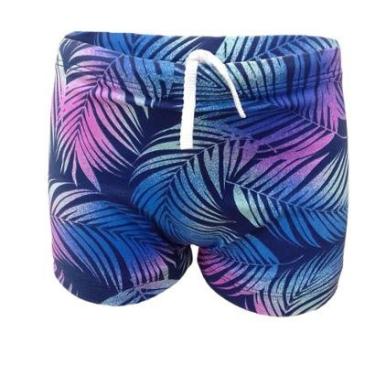 Imagem de Sunga Boxer Infantil Proteção Uv 50fps Natação Forrada Folhas Roxas Degrade Piscina Praia Com Cordão-Masculino