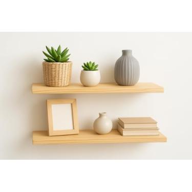 Imagem de Prateleira de Madeira Pinus Natural, Kit com 2 Peças, Superfície Lisa, Quina Superior Arredondada, Suporte Invisível para Decoração