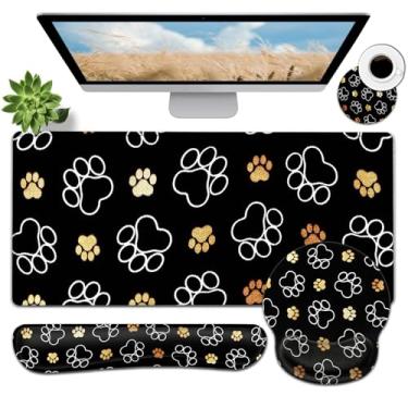 Imagem de Mouse pad grande, mouse pad ergonômico com descanso de pulso e teclado descanso de pulso conjunto 4 em 1, 80 x 30 cm de mesa estendida para escritório em casa, ouro branco bonito patas de cachorro