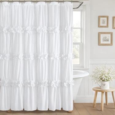 Imagem de XOGUIBO Cortina de chuveiro branca com babados com gravata borboleta feita à mão, cortina de banheiro vintage de linho para banheiro, 182 cm L x 228 cm A