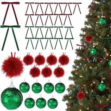 Imagem de Poen 64 peças de enfeites de Natal, 16 bolas de Natal e 48 laços de árvore de veludo, enfeites de bola de Natal de 6,9 cm, laço de guirlanda vintage para festa de Natal, árvore e suprimentos