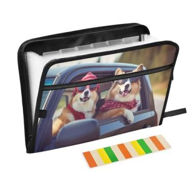 Imagem de Wassud Dois cães legais Corgi com 13 bolsos, organizador de arquivos sanfonados, pastas expansíveis com abas e adesivos, organizador de pastas de documentos de recibo de papel tamanho carta A4 para