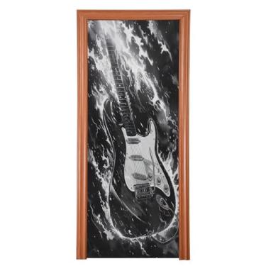 Imagem de Wassud Capa de porta de guitarra preta decorações de porta de Halloween faixa interna externa decoração de casa grande decoração de porta da frente 89 x 200 cm